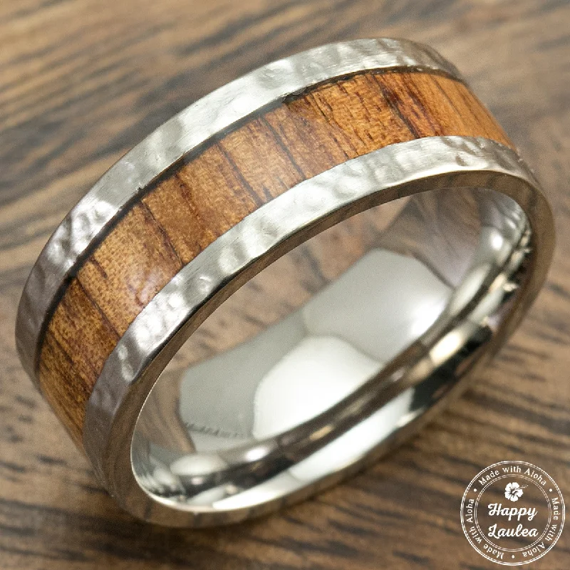 Hammered Titanium Ring with Hawaiian Koa Wood inlay - 8-10mm Comfort Fitment, Flat Shaped