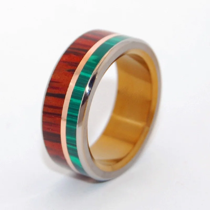 Alpha Bronze Horseman | Men's Malachite Stone, Bronze, Cocobolo Wood & Titanium Wedding Ring