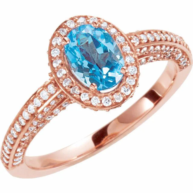 14k Rose Gold Swiss Blue Topaz Oval & Diamond Halo Engagement Ring