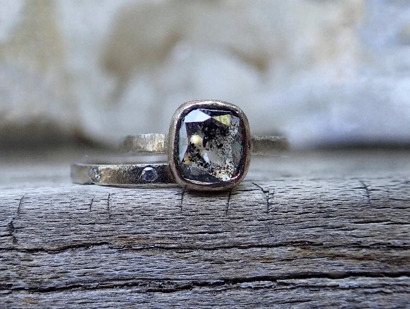 Custom: Cushion and Oval, Rose Cut Salt and Pepper Diamond Ring