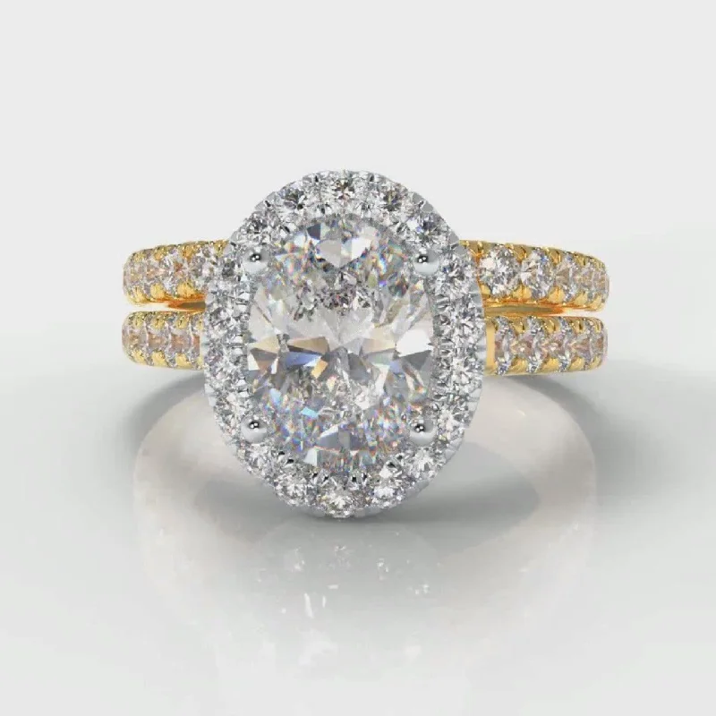 Micropavé Oval Diamond Halo Bridal Set - Two Tone Yellow Gold