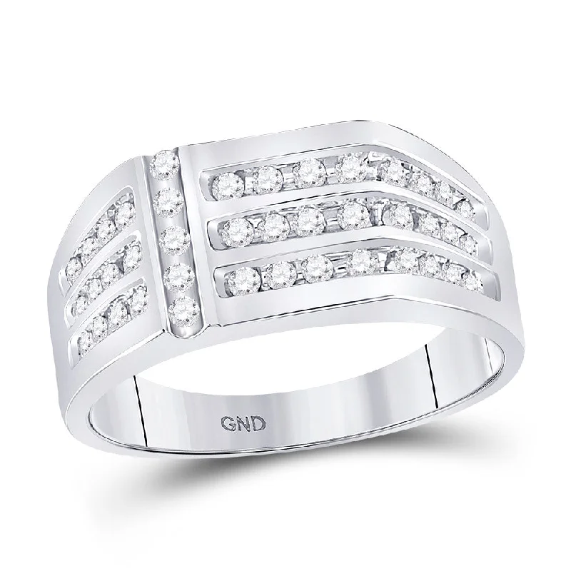 14kt White Gold Mens Round Diamond Triple Row Fashion Ring 1/2 Cttw