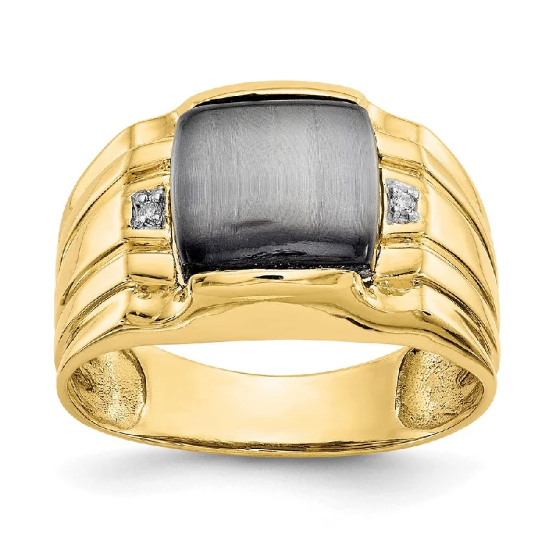 10k Yellow Gold Gray Cats Eye and .01ct Diamond Mens Ring