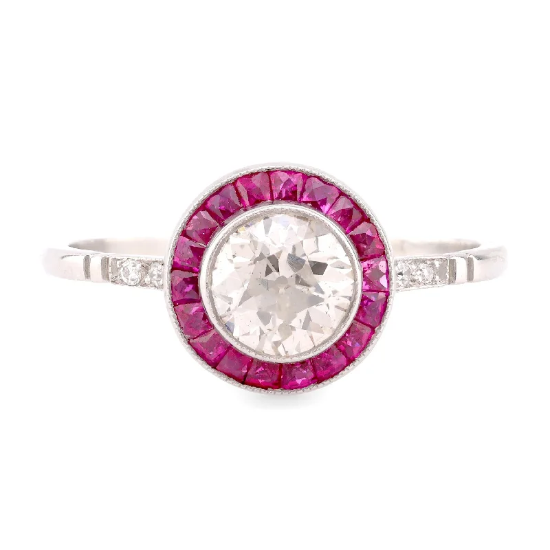 Art Deco Style Diamond Ruby Platinum Target Ring