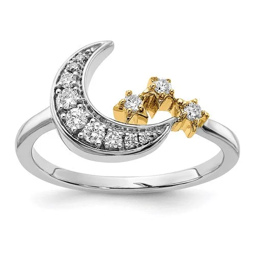 14k White and Yellow Gold Moon with Stars Diamond Ring