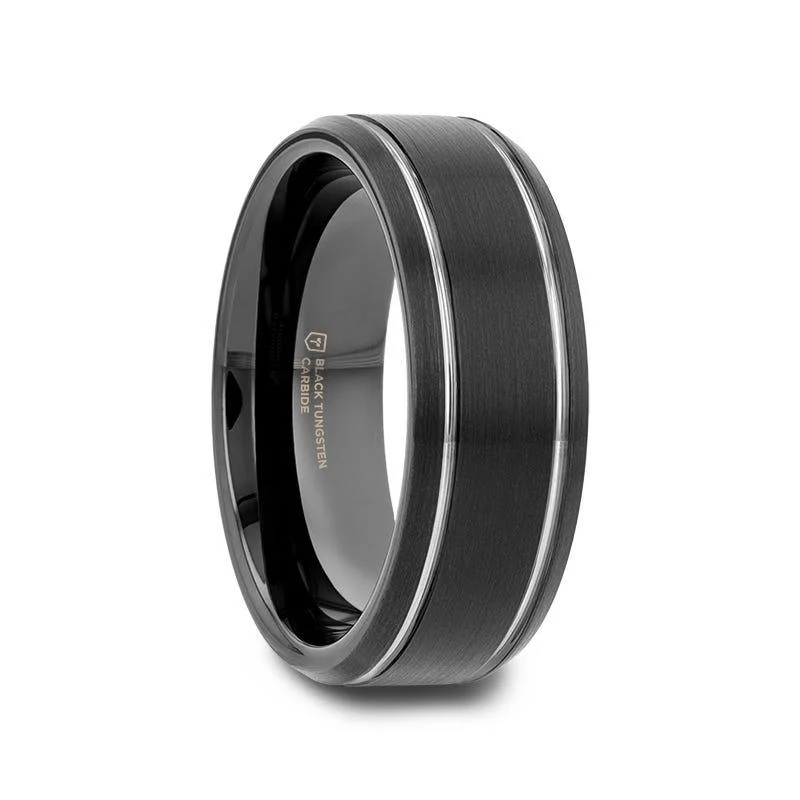 Thorsten NOCTURNE Black Beveled Tungsten Carbide Band with Polished Grooves and Brushed Finish - 6mm or 8mm