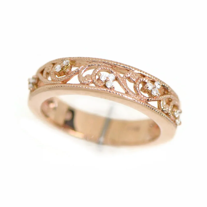 14k Rose Gold Floral Filigree 0.15 Ct Diamond 5mm Wedding Anniversary Band