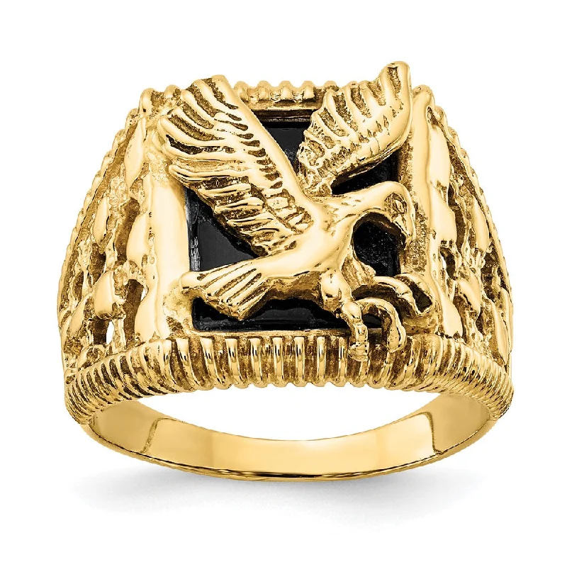 10k Yellow Gold Men's Onyx Eagle Ring