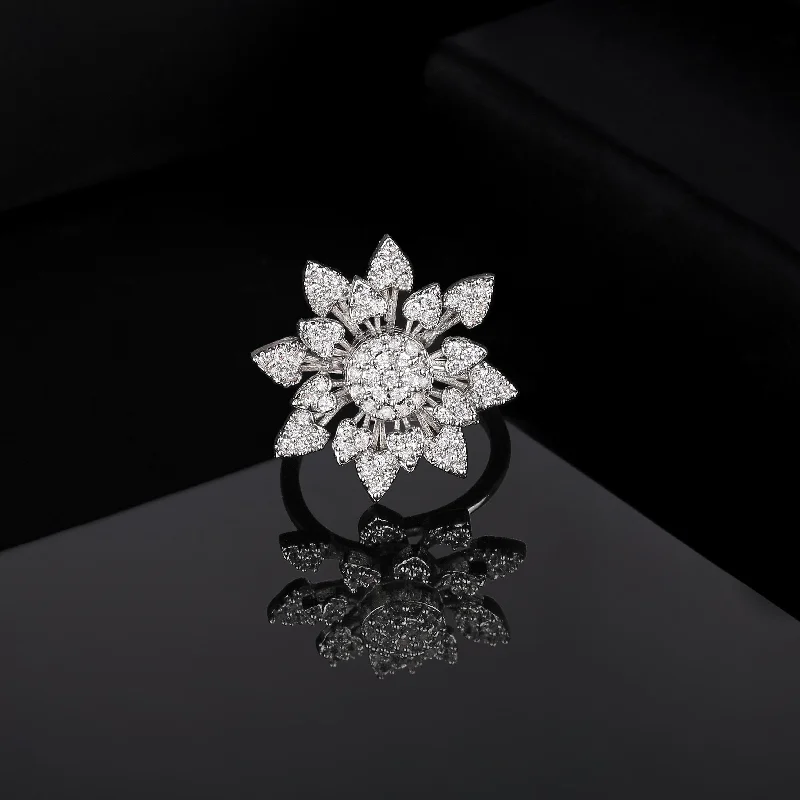 Estele Rhodium Plated CZ Glorious Floral Shaped Finger Ring for Women(Adjustable)