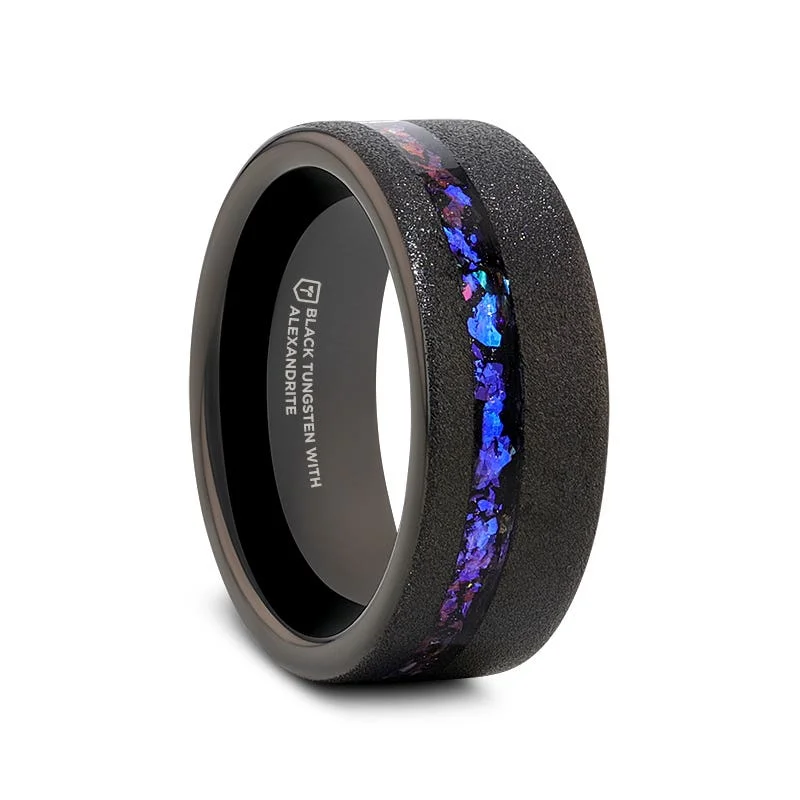 Thorsten MIRAGE Sandblasted Black Tungsten Ring with Crushed Alexandrite and Dark Blue & Purple Crushed Goldstone - 8mm