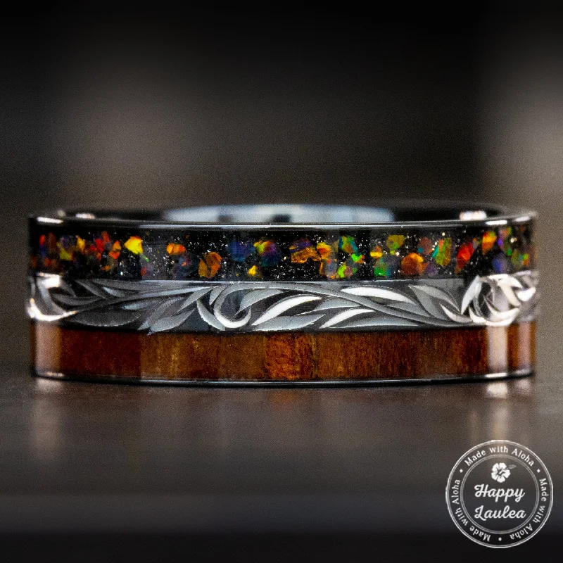 Black Zirconium Hand Engraved [8mm width] Fire Opal & Hawaiian Koa Wood