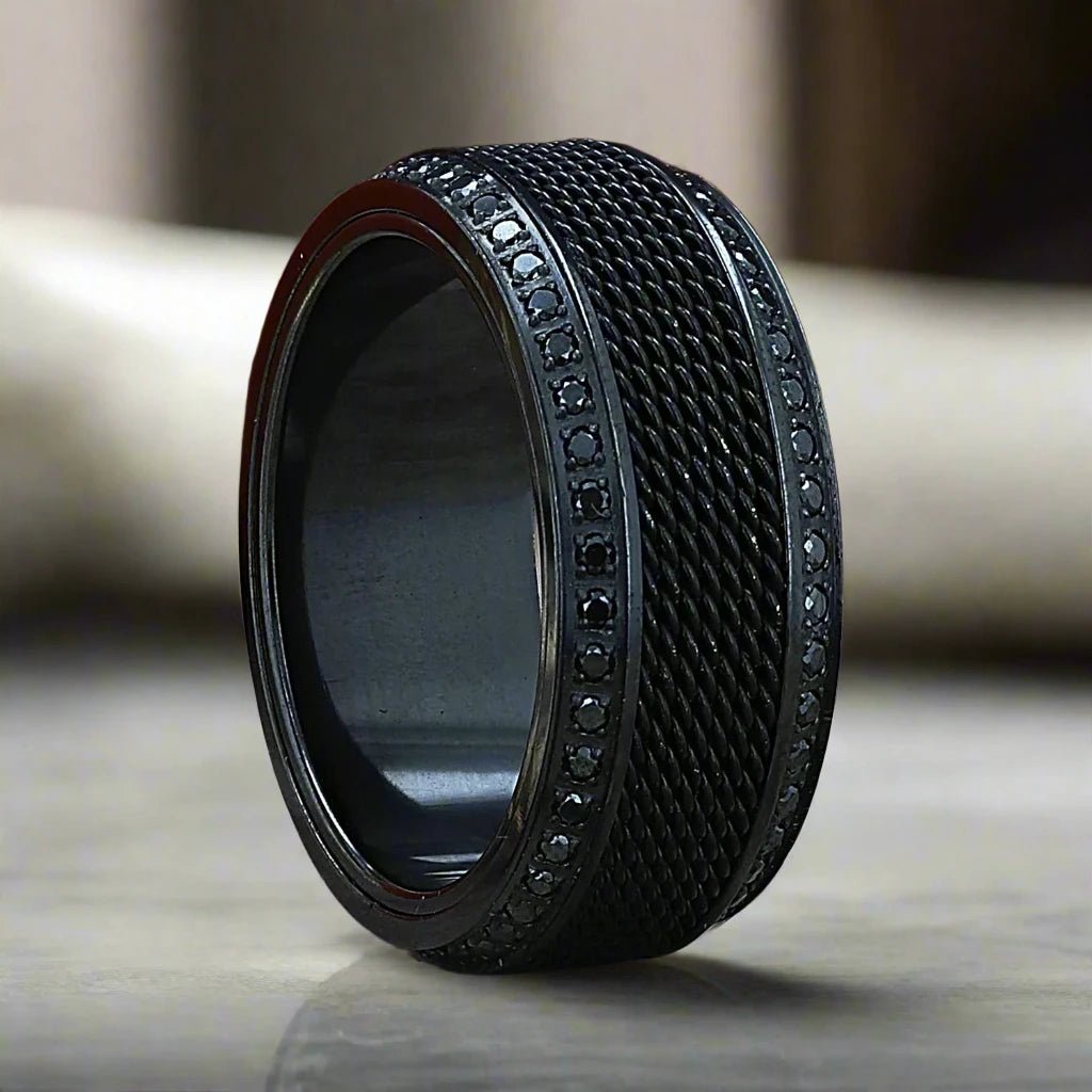 KNIGHT | Black Titanium Ring, Steel Chain Inlay, Black Diamonds