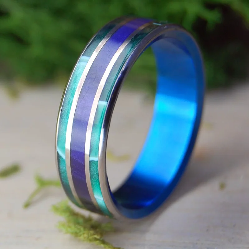 Purple Pleasures With Blue | Men's Aquatic Green Resin, Purple Marbled Opalescent & Titanium Wedding Ring