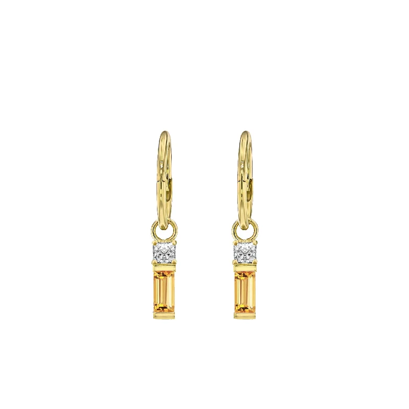 Citrine Baguette and Diamond Sleeper Earrings