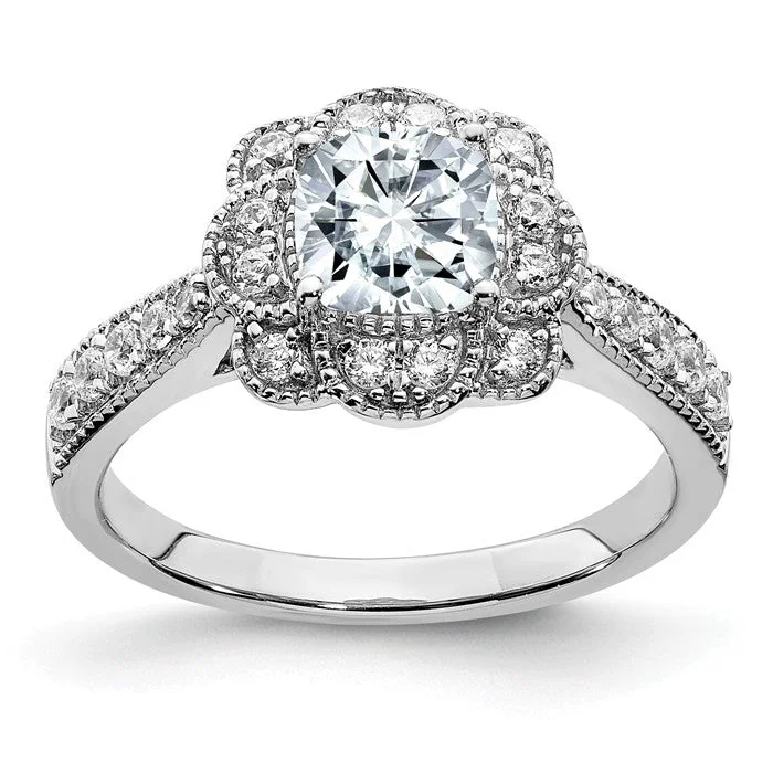 14k White Gold 1.52CT Cushion Floral Halo Moissanite Engagement Ring