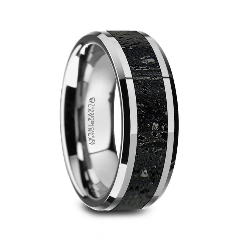 Thorsten KILAUEA Tungsten 8mm Wedding Band with Black & Gray Lava Rock Stone Inlay & Polished Beveled Edges