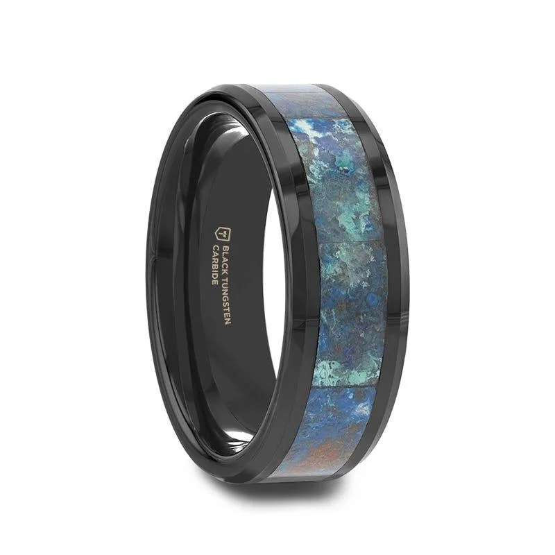 Thorsten CELADON Black Beveled Ceramic Wedding Band with Polished Chrysocolla Inlay - 8mm