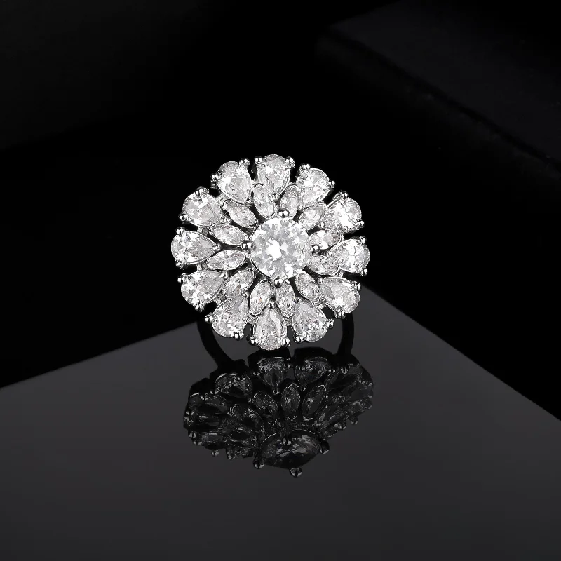 Estele Rhodium Plated CZ Flower Shaped Finger Ring for Women(Adjustable)