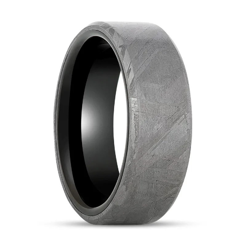 DIEMOS | Black Titanium Ring, Meteorite Inlay, Beveled