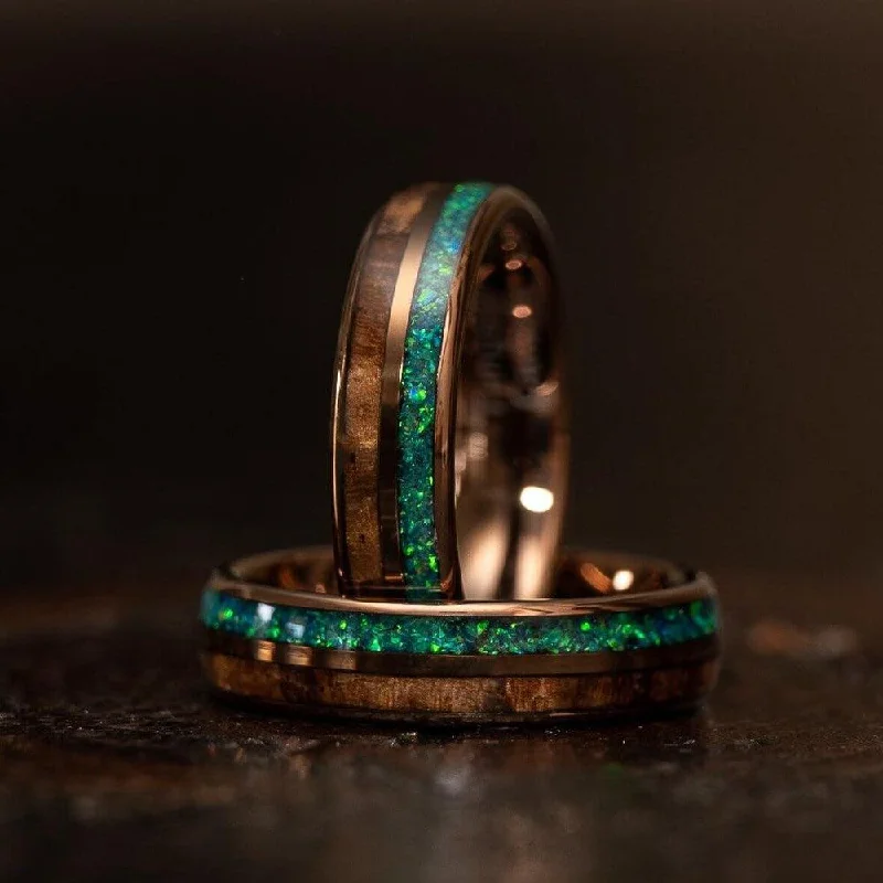 "Dionysis" Womens Tungsten Carbide Ring- Smoked Rose Gold X Blue/Green Opal- 5mm