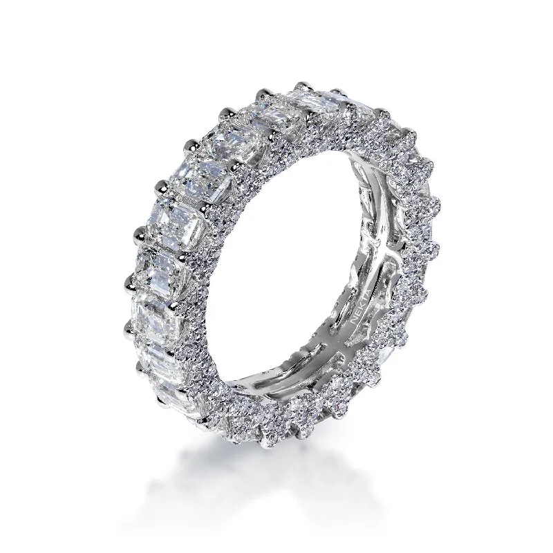 Angelica 6 Carat Emerald Cut Diamond Eternity Band in 14k White Gold Shared Prong With Diamond Encrusted Prongs