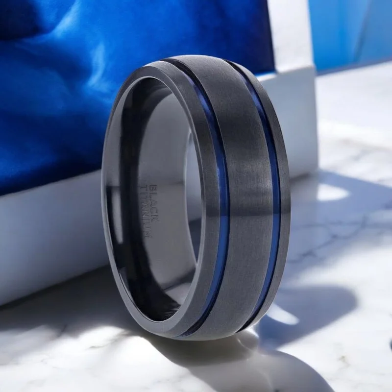 SHERIFF | Black Titanium Ring, Two Blue Grooves, Domed