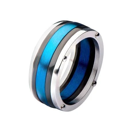 Steel, Black IP & Blue IP Polished Ring-8mm