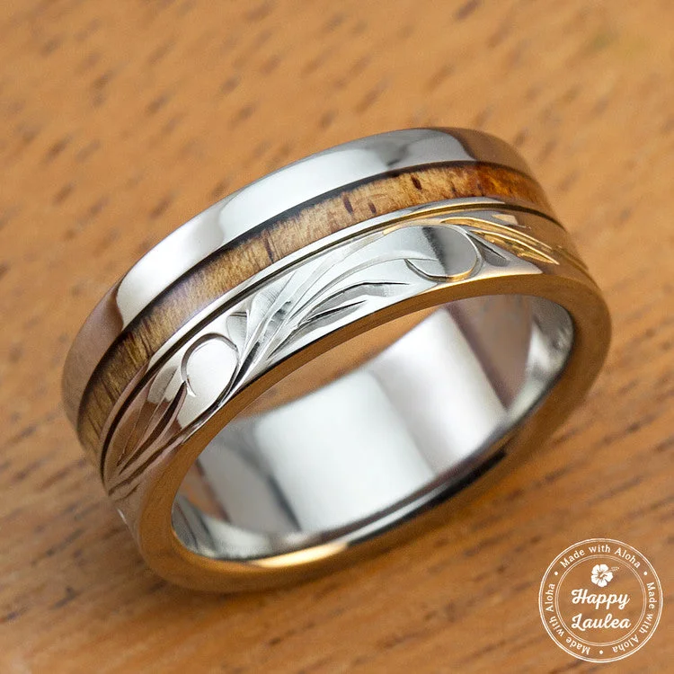 Titanium Ring with Hawaiian Koa Wood Inlay Hand Engraved with Hawaiian Heritage Design - 8mm, Standard Fitment, Flat Shaped