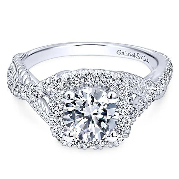 Crossover Cushion Shaped Halo Diamond Ring 14K White Gold 391A