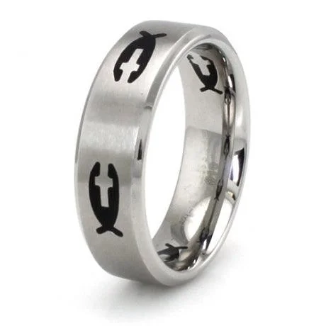 Stainless Steel Black Resin Fish & Cross Ring -7mm