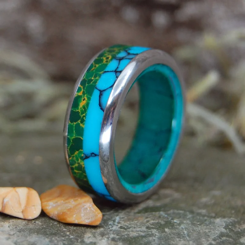 Stoned Me To My Soul | Men's Egyptian Jade, Imperial Jade, Arizona Turquoise & Titanium Wedding Ring