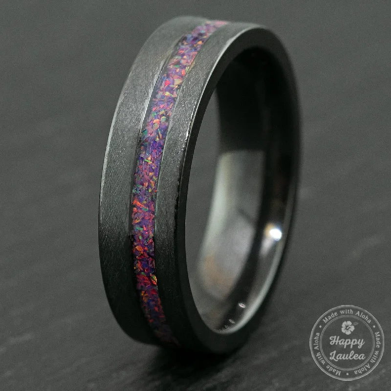 Zirconium Brushed Finish Ring with Lavender Fire Opal Offset Inlay  / 6mm / Flat Shaped & Comfort Fitment