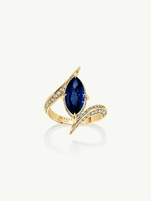 Ayla Arabesque Engagement Ring With Marquise-Cut Blue Sapphire & Brilliant Pavé-Set White Diamonds In 18K Yellow Gold