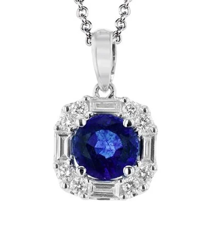 Simon G. 18Kw Round Sapphire & Round & Baguette Diamond Halo Pendant