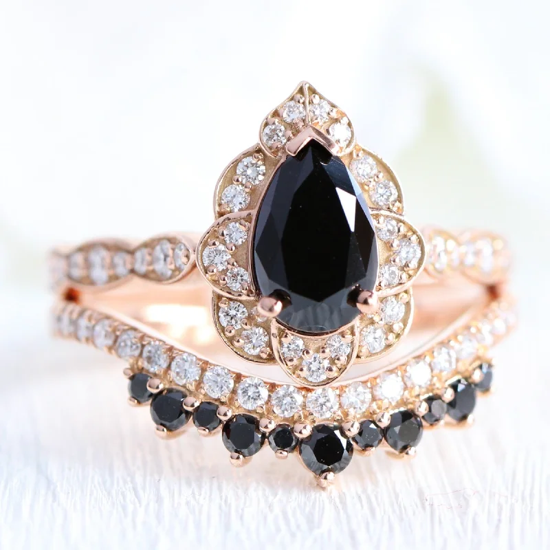 Vintage Floral Black Diamond Pear Ring w/ Black and White Diamond Crown Band