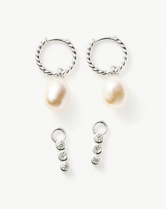 Twisted Pearl & Drop Hoop Earring Set | 18ct Sterling Silver/Pearl