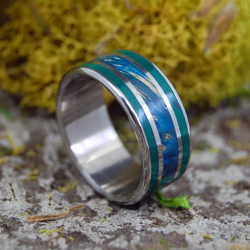 Jade Path To The Sea | Men's Jade Stone, Blue Box Elder Wood & Titanium Wedding Ring