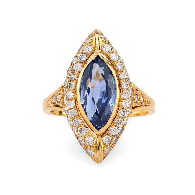 Vintage GIA 2.82 Carat Sapphire Diamond 18K Yellow Gold Navette Ring