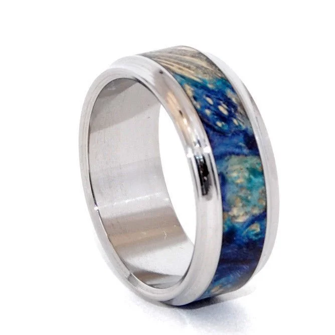 Love's Pulse & Whispers | Men's Blue Box Elder Wood & Titanium Wedding Ring