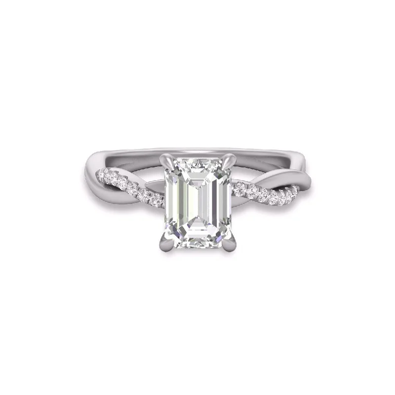 Marquee Agatha Twisted Pave Ring with IGI Certified 3 Carat Lab-Grown Emerald Cut Diamond in 14K White Gold