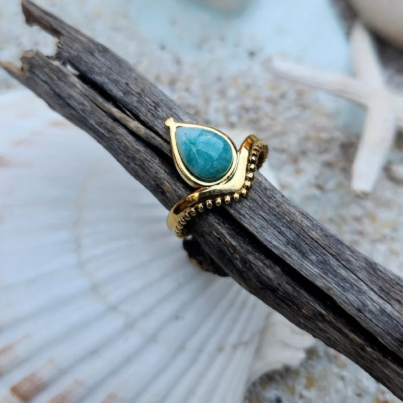 TEAR BLUE  - ADJUSTABLE NATURAL AMAZONITE WATERPROOF 18K GOLD RING