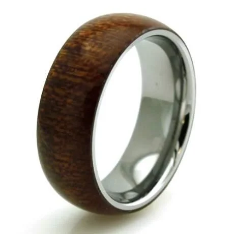 Stainless Steel Mahogany Wood Inlay Domed Ring-8mm