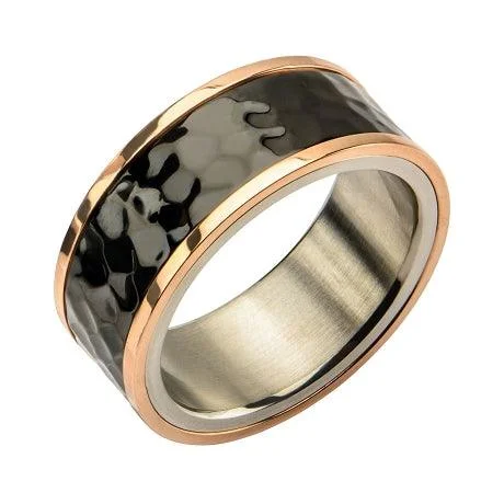 Stainless Steel Tri-Tone Hammered Finish Ring-11mm