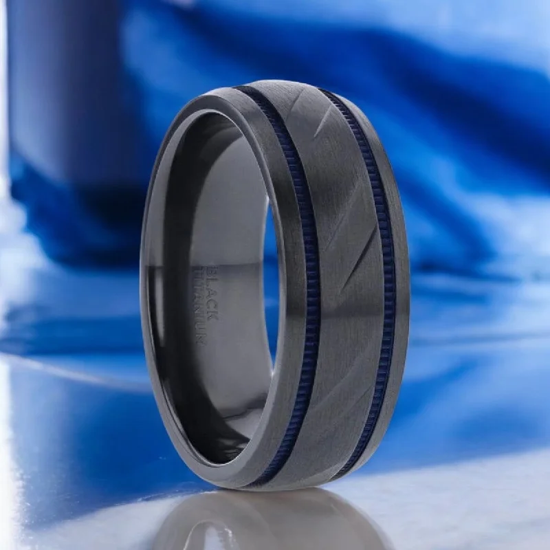 PATROL | Black Titanium Ring, Blue Milgrain Grooves, Carved Diagonal Pattern, Domed