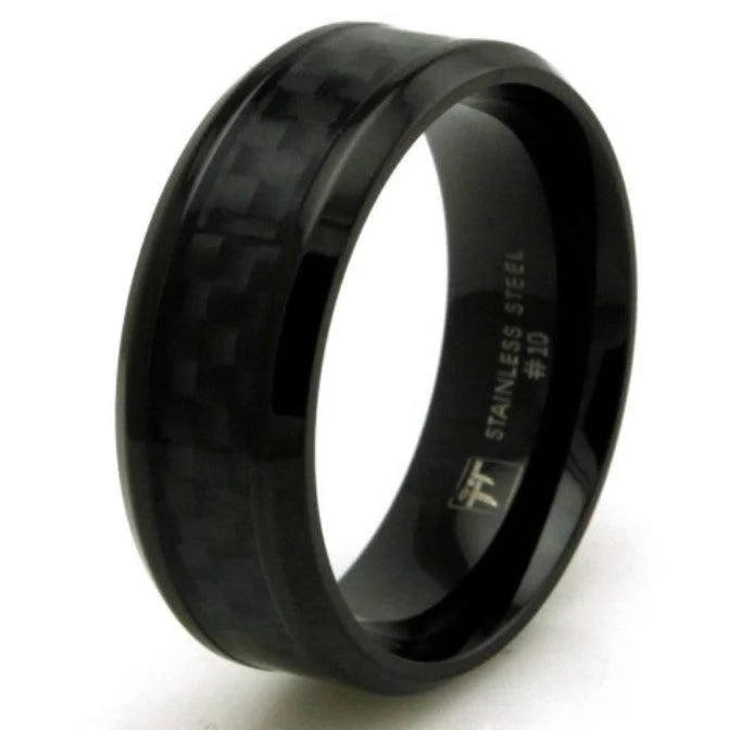 Black Stainless Steel Black Carbon Fiber Inlay Ring-8mm