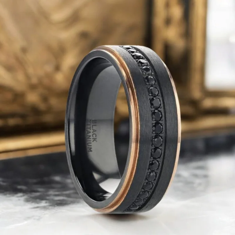 ASTRO | Black Titanium Ring, Sapphire Stones, Rose Gold Stepped Edges