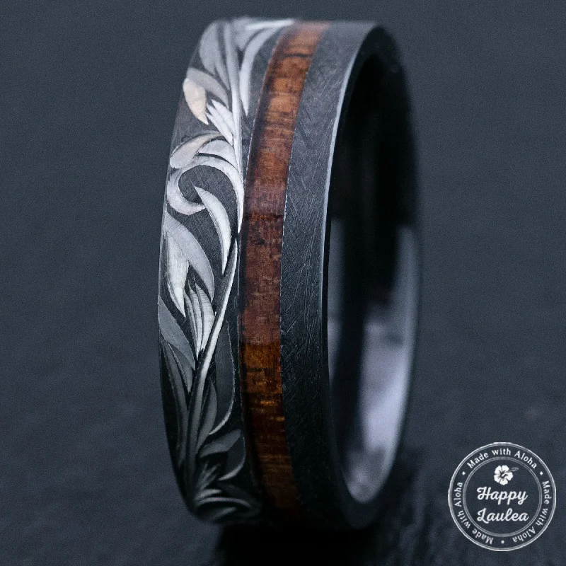 Black Zirconium Hand Engraved Ring [8mm width] Offset Koa Wood Inlay - Flat Shape, Comfort Fitment