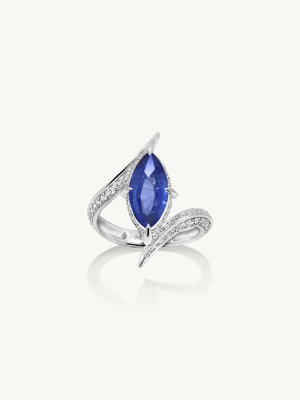 Ayla Arabesque Engagement Ring with Marquise-Cut Cornflower Blue Sapphire & Pavé-Set Brilliant White Diamonds In 18K White Gold