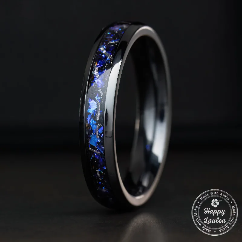 Black Titanium Ring [4mm width] Blue Fire Opal & Meteorite