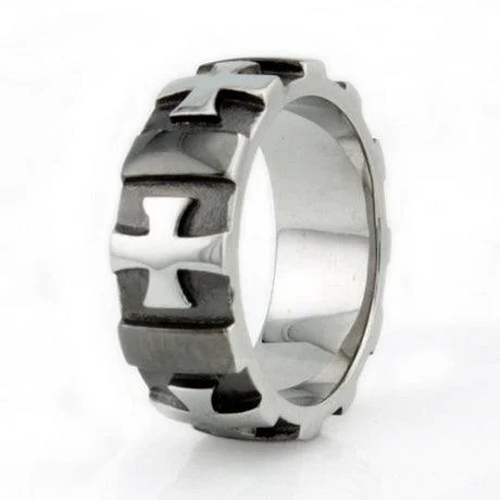 Stainless Steel Gear Edged Cross Ring-8mm